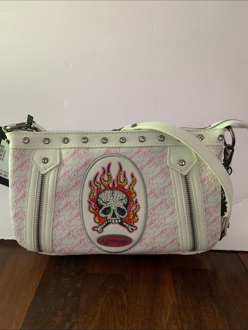 Ed Hardy White & Pink Skull Flame Shoulder Bag